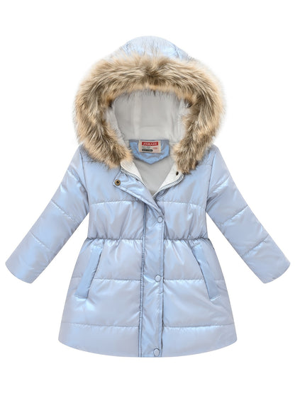 Girls’ Mid-Length Puffer Coat with Faux-Fur Hood (Winter Jacket)