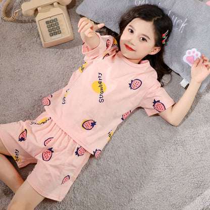 Girls' Short-Sleeve Pajama Set – Fun Print Cotton-Feel Top & Shorts for Summer Sleepwear (3–10 Years)