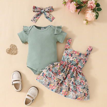 Baby Girl Ribbed Flutter-Sleeve Romper & Floral Suspender Skirt Set with Headband