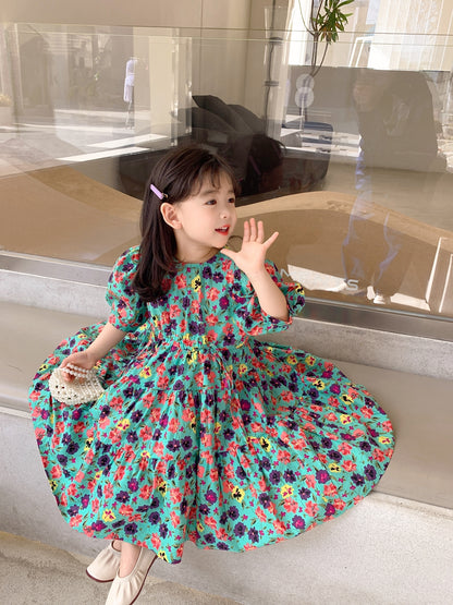 Girls' Teal Wildflower Puff-Sleeve Tiered Maxi Dress