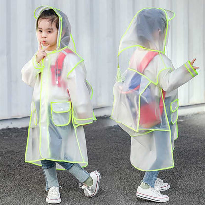 Transparent Kids' Raincoat with Built-In Backpack Cover – School Rain Jacket with Colored Trim