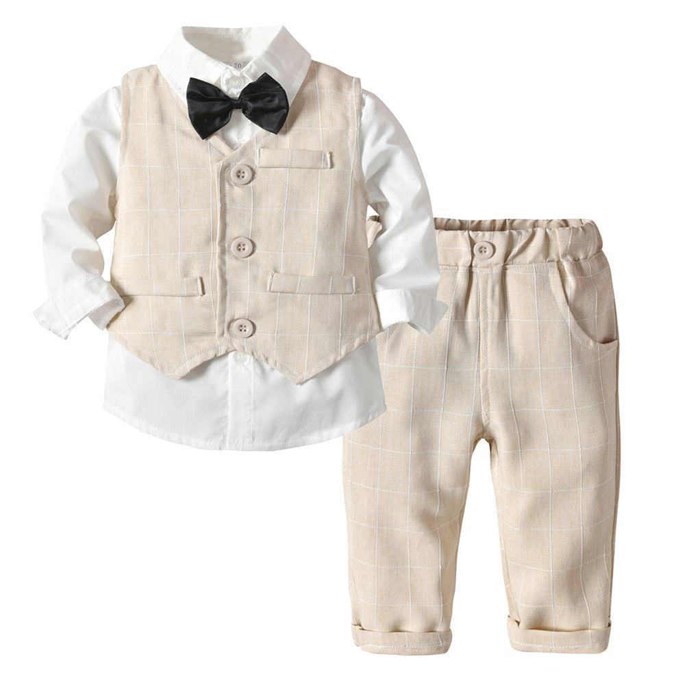 Boys' Long-Sleeve Shirt, Textured Waistcoat & Trouser Set | 3-Piece Bow Tie Suit in Stripe, Plaid & Solid