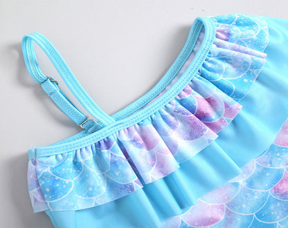 Girls' Mermaid Scale One-Shoulder Ruffle One-Piece Swimsuit