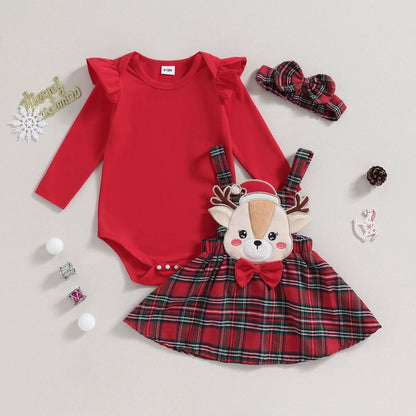 Baby Girl Christmas Ruffle Romper & Plaid Suspender Skirt Set with Headband