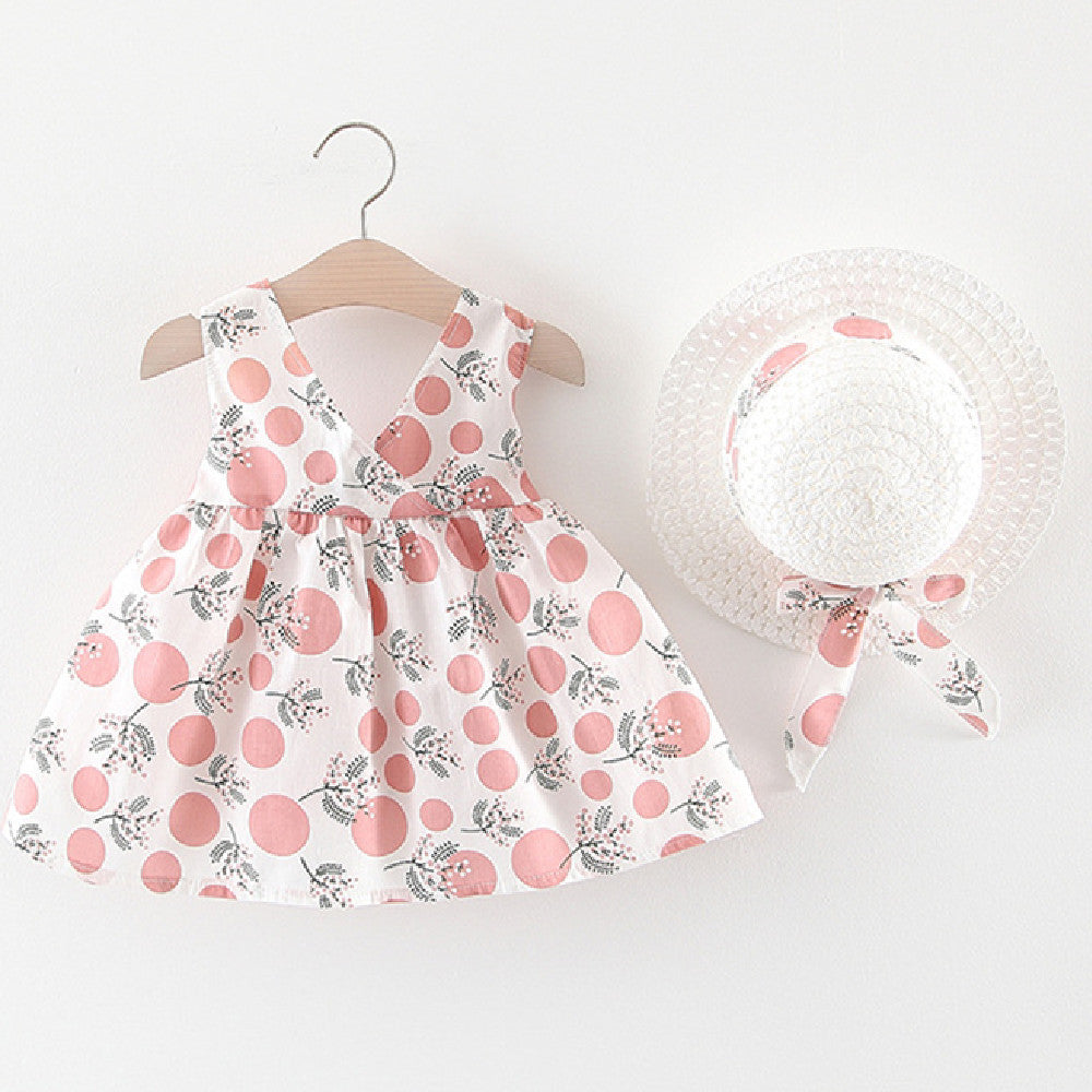 Baby Girl Polka Dot & Floral Print Sleeveless Dress with Sun Hat – Bow Back, Sizes 6 Months–4 Years