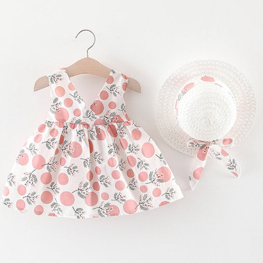 Baby Girl Polka Dot & Floral Print Sleeveless Dress with Sun Hat – Bow Back, Sizes 6 Months–4 Years