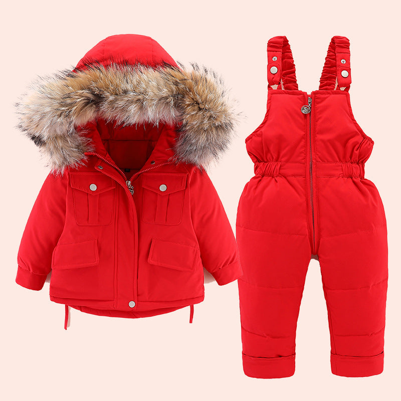 Baby Winter Puffer Jacket + Bib Pants Set (Unisex) — Fur-Trim Hood, 2-Piece Outfit