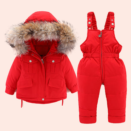 Baby Winter Puffer Jacket + Bib Pants Set (Unisex) — Fur-Trim Hood, 2-Piece Outfit