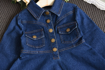 Girls' Button-Front Denim A-Line Dress – Long Sleeve with Chest Pockets, Sizes 2–8