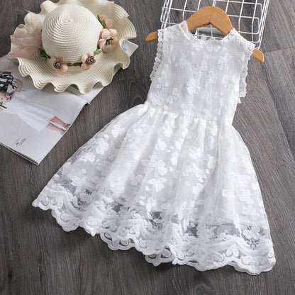 Girls' Sleeveless Lace Overlay Dress | Floral Scallop-Hem Party Dress in White or Red