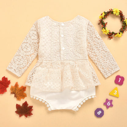 Lace Baby Girl Romper Dress with Flutter Sleeves – Soft Cotton Outfit (0–24 Months)