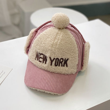 Kids Corduroy + Sherpa “New York” Earflap Baseball Cap