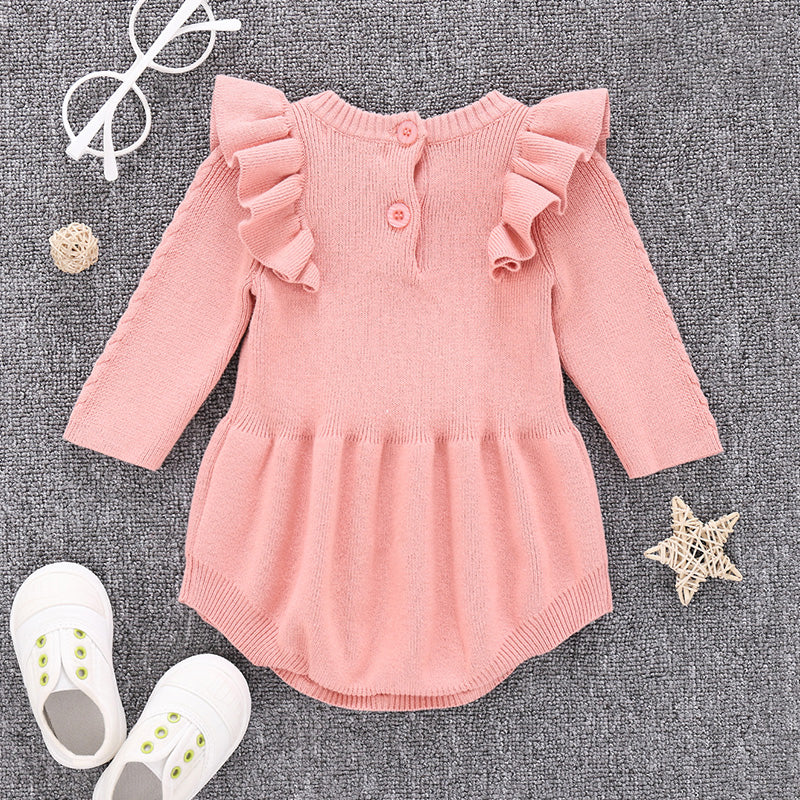 Ruffle Knit Baby Girl Romper – Soft Cotton One-Piece with Flutter Sleeves