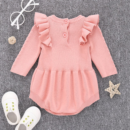 Ruffle Knit Baby Girl Romper – Soft Cotton One-Piece with Flutter Sleeves