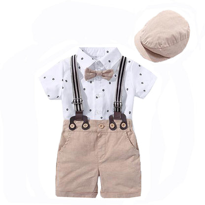 Baby Boy Sailboat Print Shirt Bodysuit & Suspender Shorts Gentleman Set with Newsboy Hat – Sizes Newborn–24 Months
