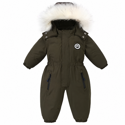 Faux Fur Hooded Baby Snowsuit with Full-Length Zipper