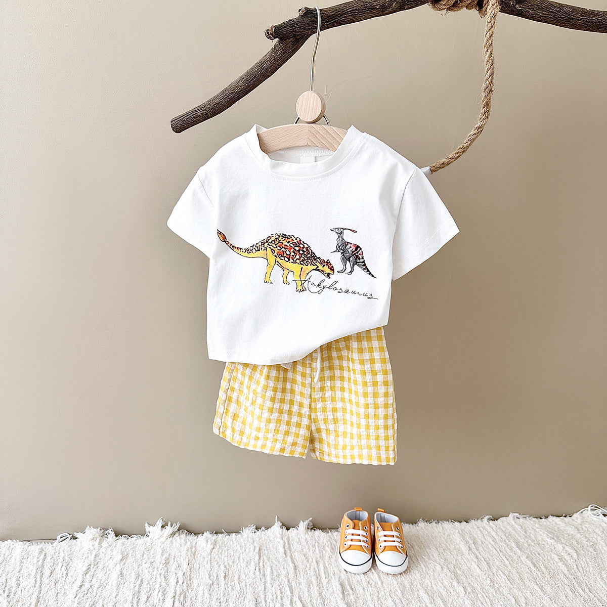 Toddler Boys' Dinosaur Graphic Tee & Gingham Shorts Set – Illustrated Dino Print, Sizes 6 Months–3 Years