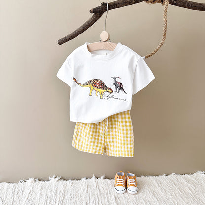 Toddler Boys' Dinosaur Graphic Tee & Gingham Shorts Set – Illustrated Dino Print, Sizes 6 Months–3 Years