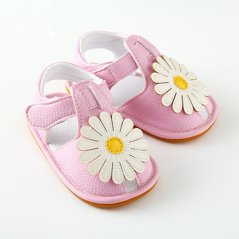 Oversized Daisy Appliqué Soft-Sole Baby Girl Sandals | Velcro Closure in White, Pink & Gold