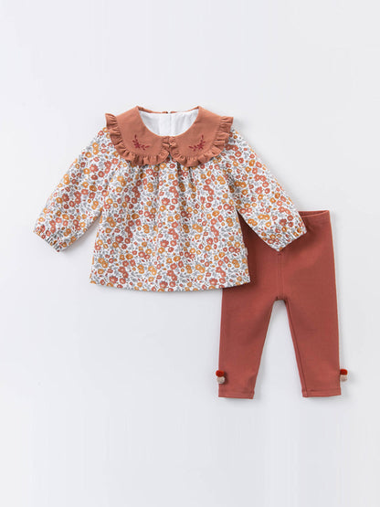 Girls' Autumn Floral Blouse & Rust Leggings Set with Embroidered Peter Pan Collar