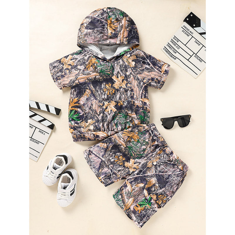Toddler Baby Boy Camo 2-Piece Outfit – Short Sleeve Hoodie & Pocket Shorts