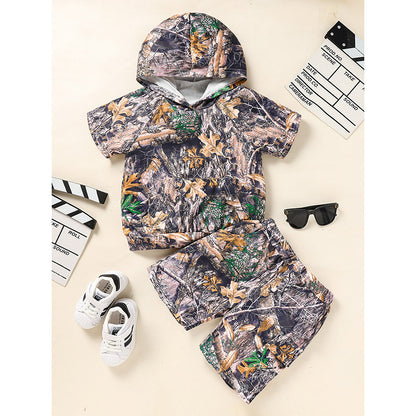 Toddler Baby Boy Camo 2-Piece Outfit – Short Sleeve Hoodie & Pocket Shorts