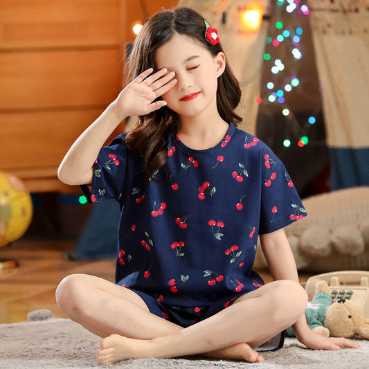 Girls' Short-Sleeve Pajama Set – Fun Print Cotton-Feel Top & Shorts for Summer Sleepwear (3–10 Years)