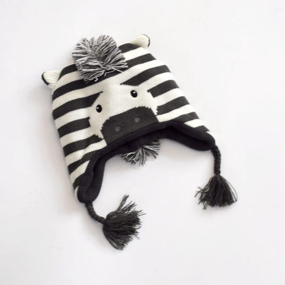 Zebra Knit Winter Hat for Babies & Toddlers (Fleece-Lined, Ear Flaps + Tassels)