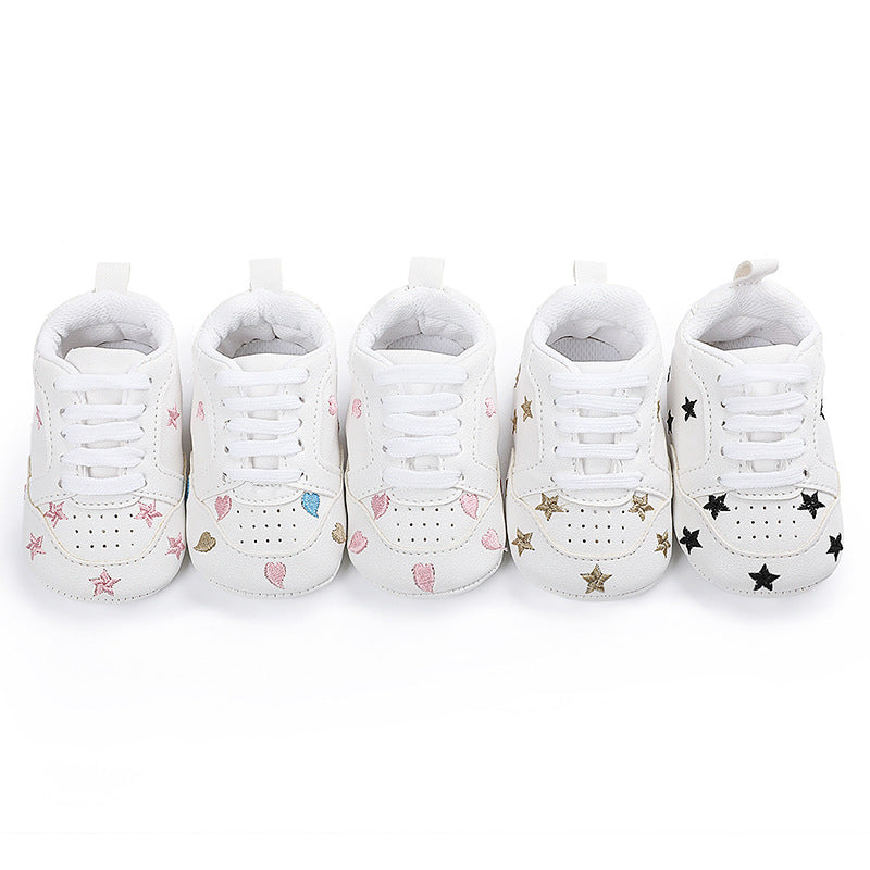 Star & Heart Embroidered White Leather Baby Sneakers | Soft-Sole Pre-Walker Crib Shoes