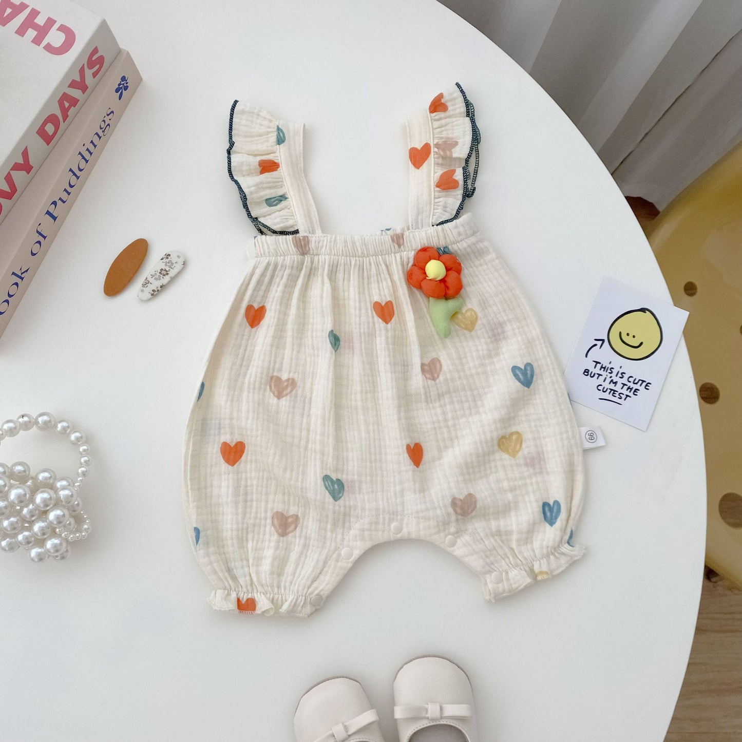 Rainbow Heart Print Muslin Flutter Romper – Baby Girl Sleeveless Summer Bubble Suit