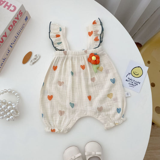 Rainbow Heart Print Muslin Flutter Romper – Baby Girl Sleeveless Summer Bubble Suit