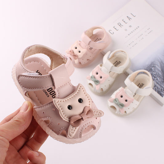 Kitty Face Bow Soft-Sole Baby Girl Sandals | Closed-Toe Cutout Style in Pink & White