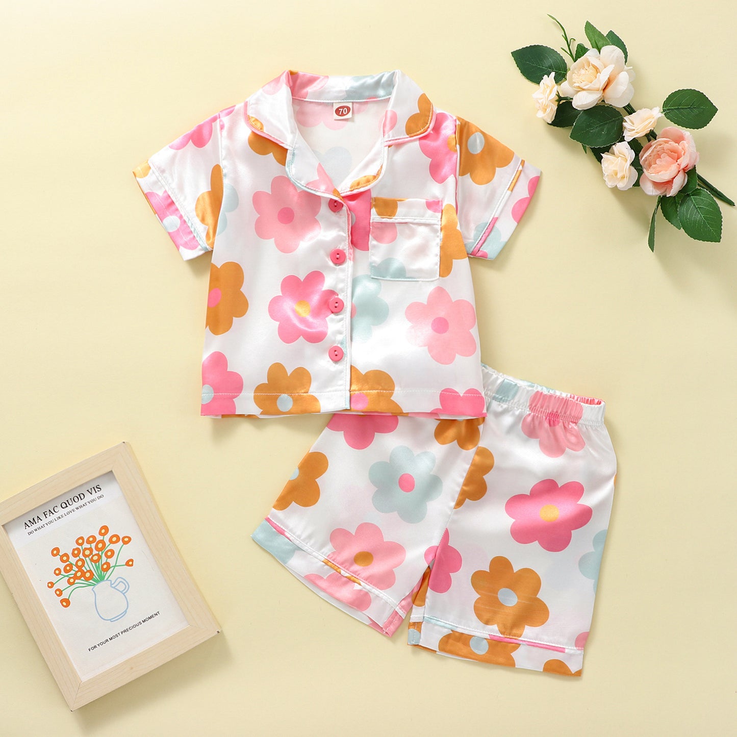 Toddler Girls' Satin Pajama Set – Floral Print Button-Front Short Sleeve Top & Shorts (12 Months–6 Years)