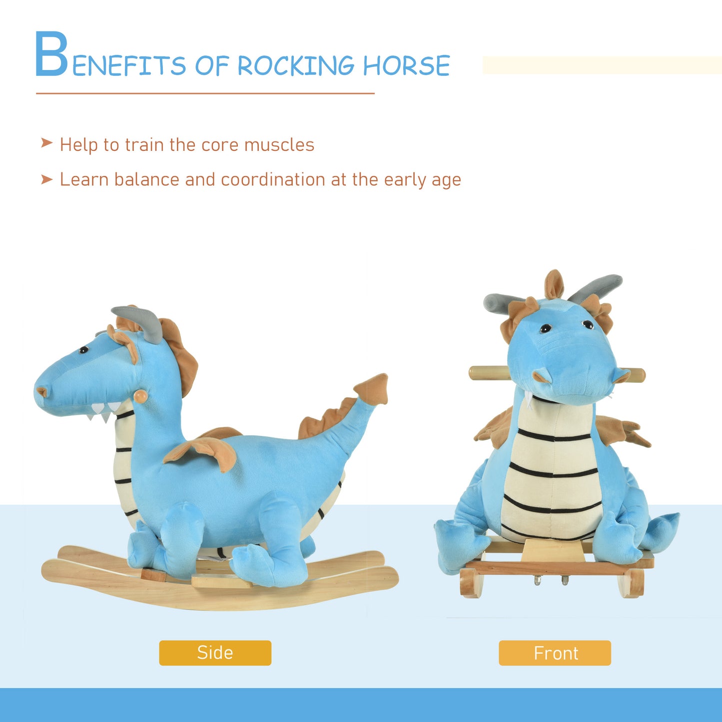 Blue Wooden Dinosaur Rocking Horse – Realistic Sounds Ride-On Toy for Toddlers