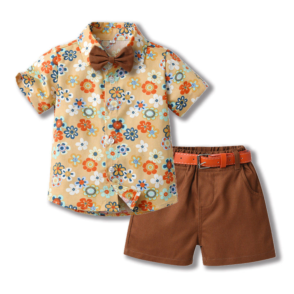 Toddler & Little Boys' Floral Button-Down Shirt & Shorts Set with Bow Tie and Belt – Sizes 3 Months–6 Years