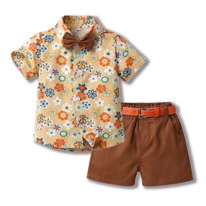 Toddler & Little Boys' Floral Button-Down Shirt & Shorts Set with Bow Tie and Belt – Sizes 3 Months–6 Years