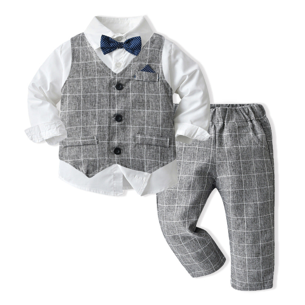 Boys' Long-Sleeve Shirt, Textured Waistcoat & Trouser Set | 3-Piece Bow Tie Suit in Stripe, Plaid & Solid