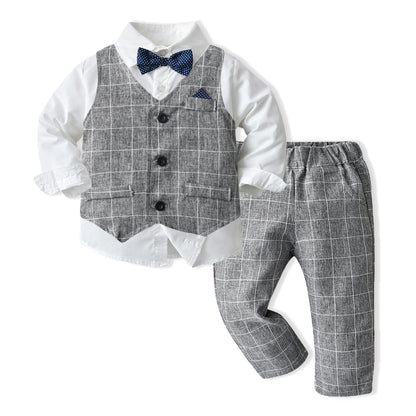 Boys' Long-Sleeve Shirt, Textured Waistcoat & Trouser Set | 3-Piece Bow Tie Suit in Stripe, Plaid & Solid