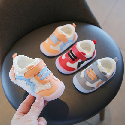Wave-Panel Mesh & PU Toddler Sneakers | Breathable Color-Block Baby Shoes in Gray, Red & Orange