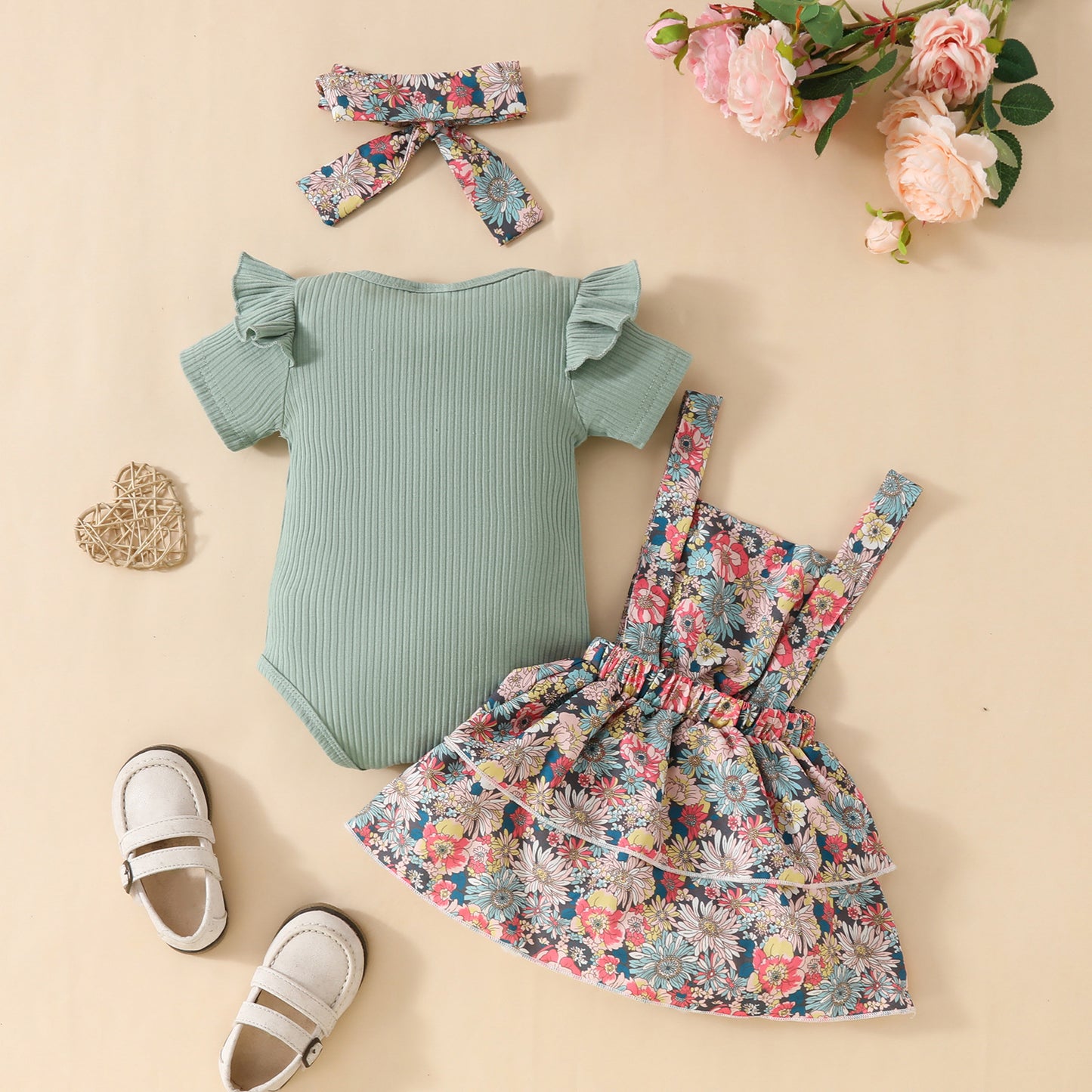Baby Girl Ribbed Flutter-Sleeve Romper & Floral Suspender Skirt Set with Headband