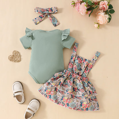 Baby Girl Ribbed Flutter-Sleeve Romper & Floral Suspender Skirt Set with Headband