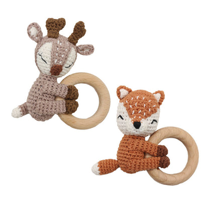 Handmade Crochet Fox & Deer Baby Teether Rattle – Wooden Ring Molar Toy