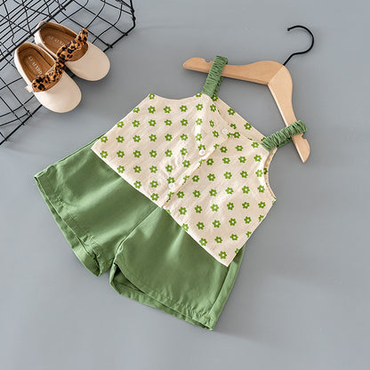 Toddler Girl Green Daisy Cami Top & Solid Shorts Set