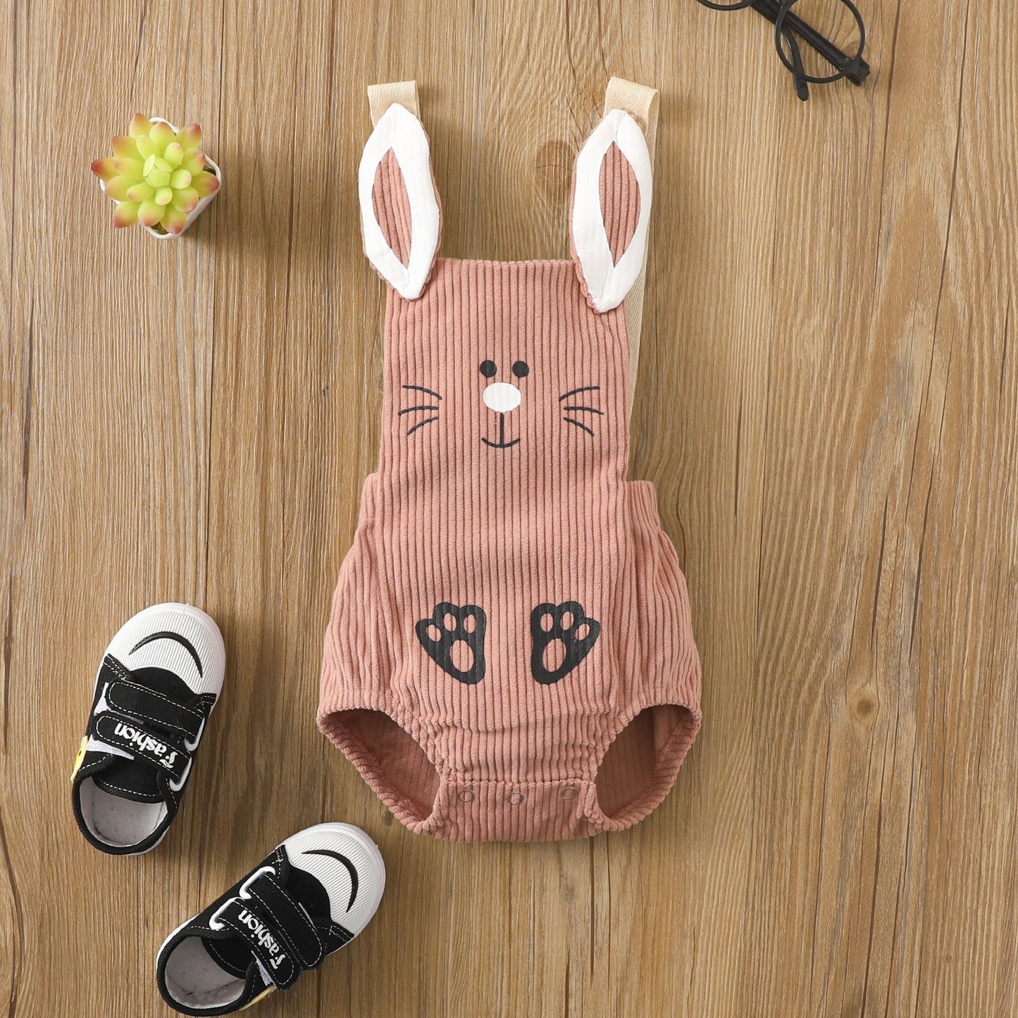 Baby Corduroy Bunny Romper with 3D Ear Straps | Snap-Close Sleeveless Bodysuit in Pink or Mustard