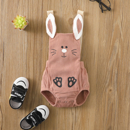 Baby Corduroy Bunny Romper with 3D Ear Straps | Snap-Close Sleeveless Bodysuit in Pink or Mustard