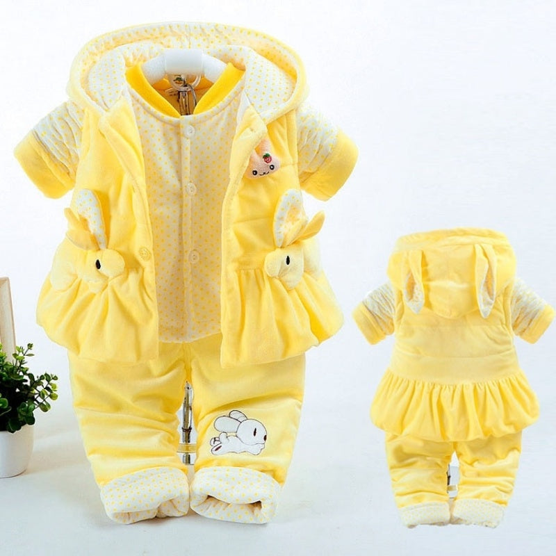 Cozy Bunny Quilted Baby Winter Set (3-Piece) – Hooded Jacket, Vest & Pants for Little Girls