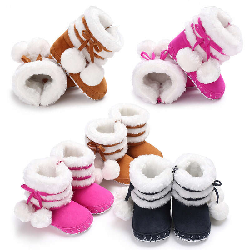 Pom Pom Faux Fur Baby Winter Booties with Anti-Slip Sole