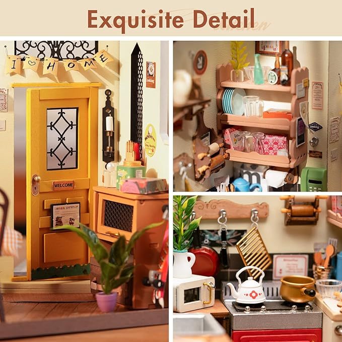 ROBOTIME Rolife Happy Kitchen Miniature Dollhouse Kit – DIY Wooden Room with LED Light (DG159)