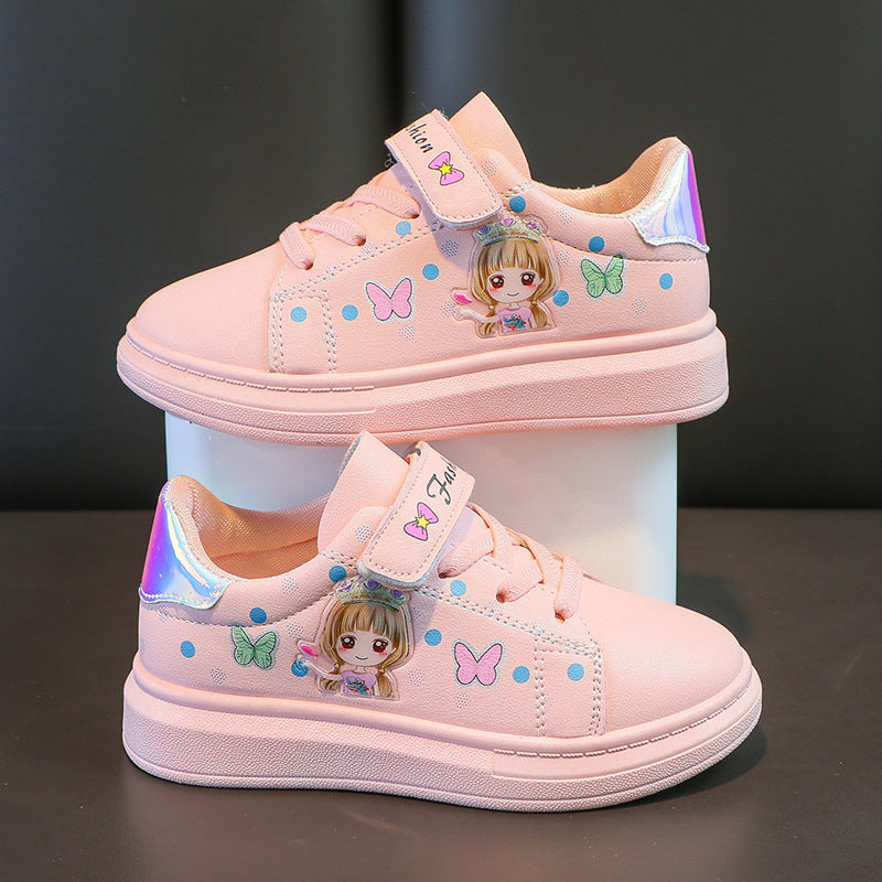 Girls White Cartoon Sneakers – Breathable Casual Shoes with Non-Slip Rubber Sole