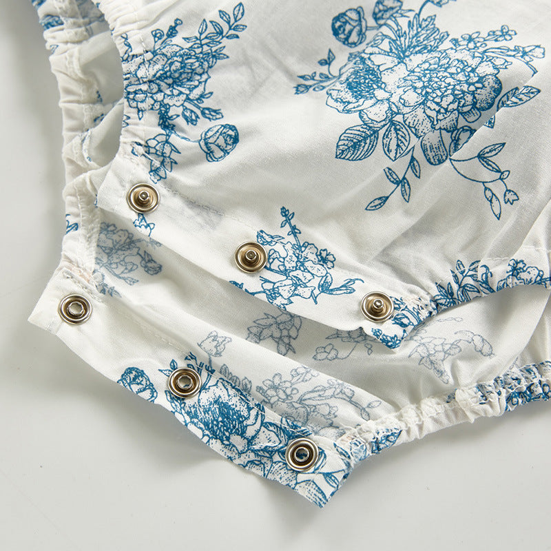 Blue & White Toile Floral Romper with Scallop Collar – Baby Girl